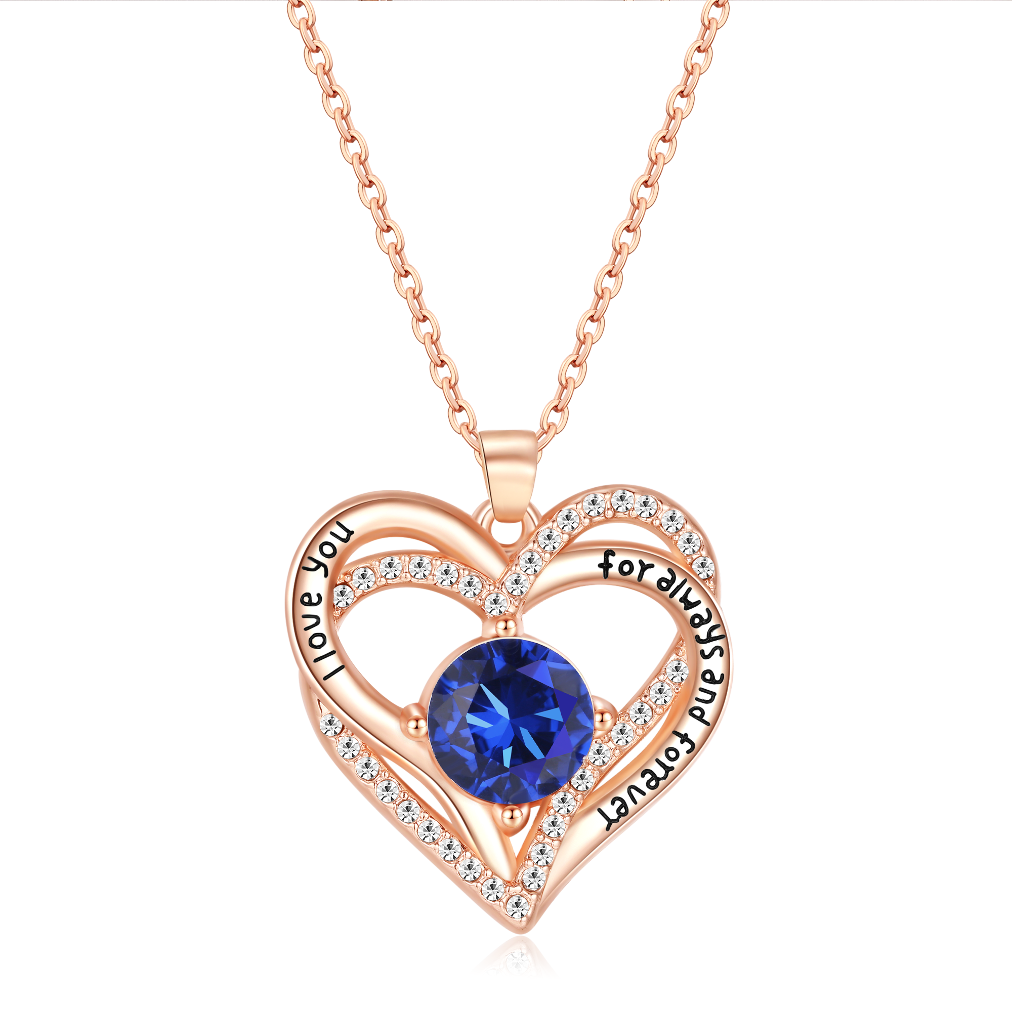 Kruckel September Birthstone Crystal Necklace for Women, Infinity Love Double Heart Pendant paved with Crystals and engraved with "I love you for always and forever", Birthday Jewelry Gift for Her Mom Wife