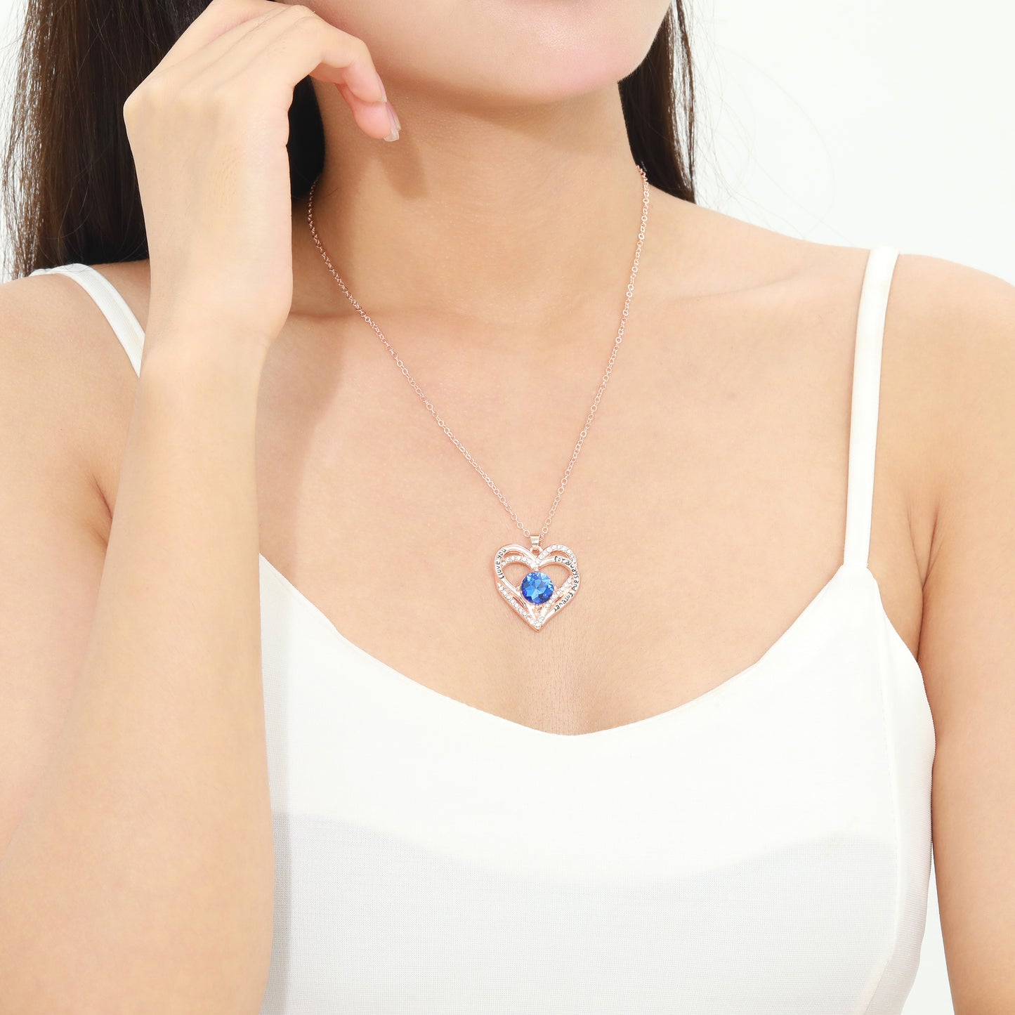 Kruckel September Birthstone Crystal Necklace for Women, Infinity Love Double Heart Pendant paved with Crystals and engraved with "I love you for always and forever", Birthday Jewelry Gift for Her Mom Wife