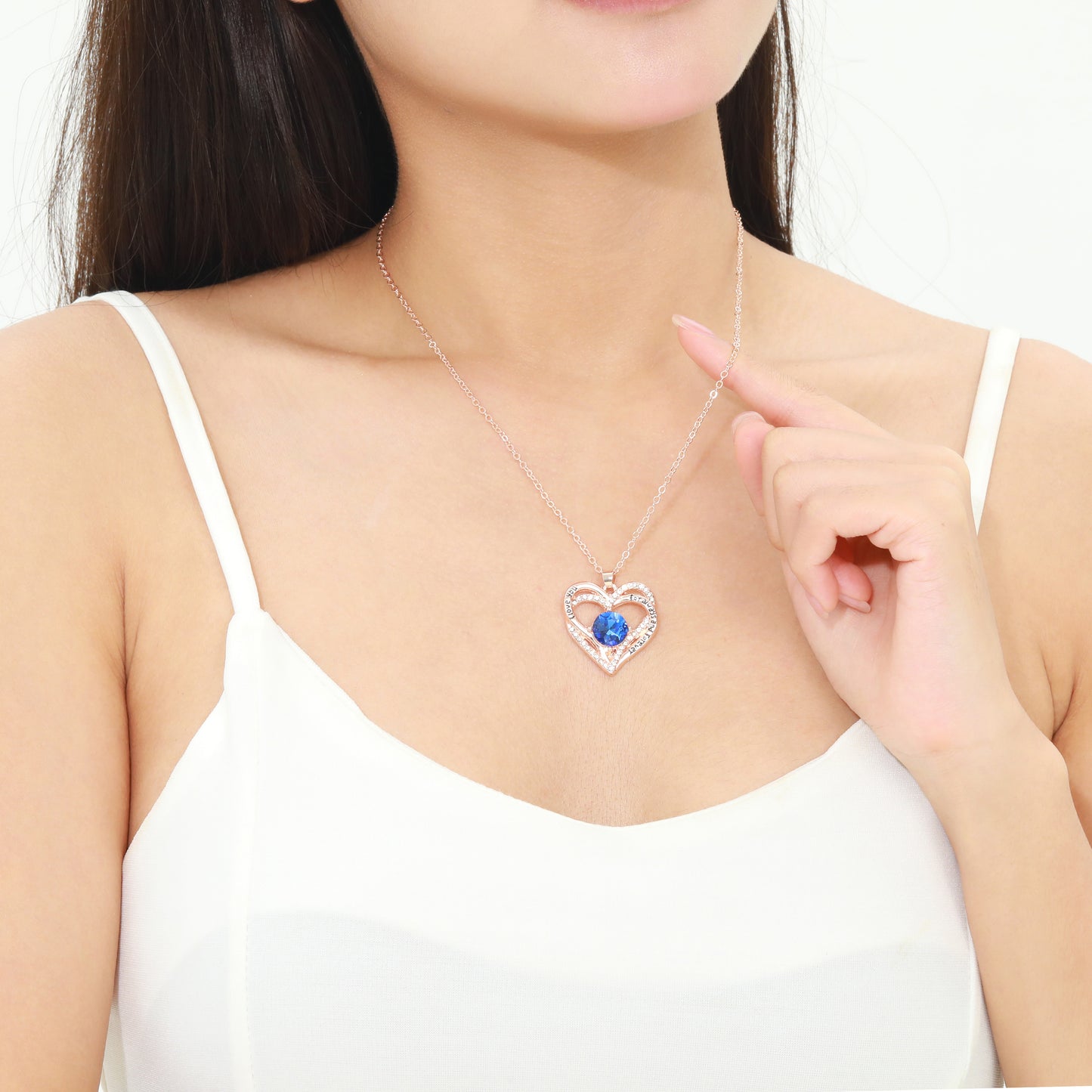 Kruckel September Birthstone Crystal Necklace for Women, Infinity Love Double Heart Pendant paved with Crystals and engraved with "I love you for always and forever", Birthday Jewelry Gift for Her Mom Wife