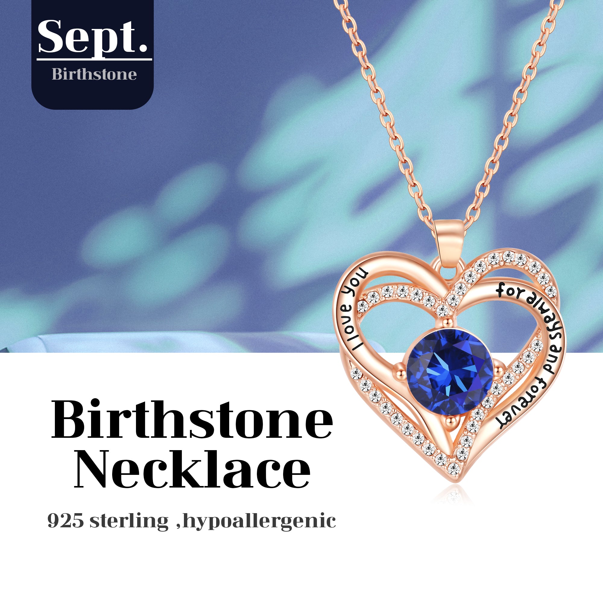 Kruckel September Birthstone Crystal Necklace for Women, Infinity Love Double Heart Pendant paved with Crystals and engraved with "I love you for always and forever", Birthday Jewelry Gift for Her Mom Wife