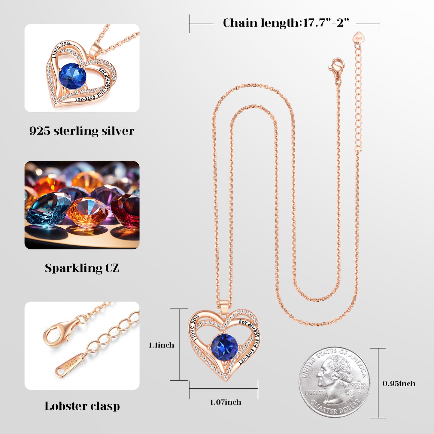 Kruckel September Birthstone Crystal Necklace for Women, Infinity Love Double Heart Pendant paved with Crystals and engraved with "I love you for always and forever", Birthday Jewelry Gift for Her Mom Wife