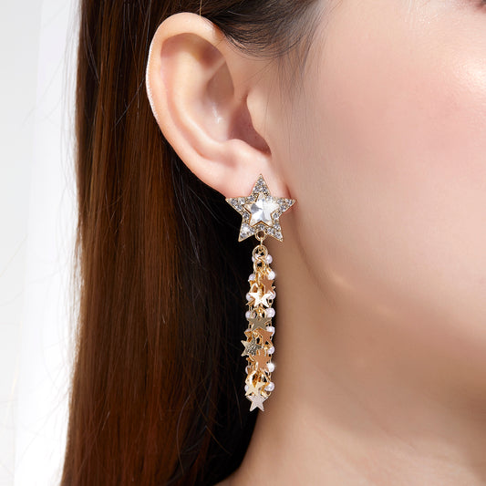 Kruckel Gold Dangle Earrings for Women, 3" Long Drop Earring, Sparkling Star Galaxy Design, Great for New Year Party Ball Wedding Anniversary Birthday Retirement Gift for Woman