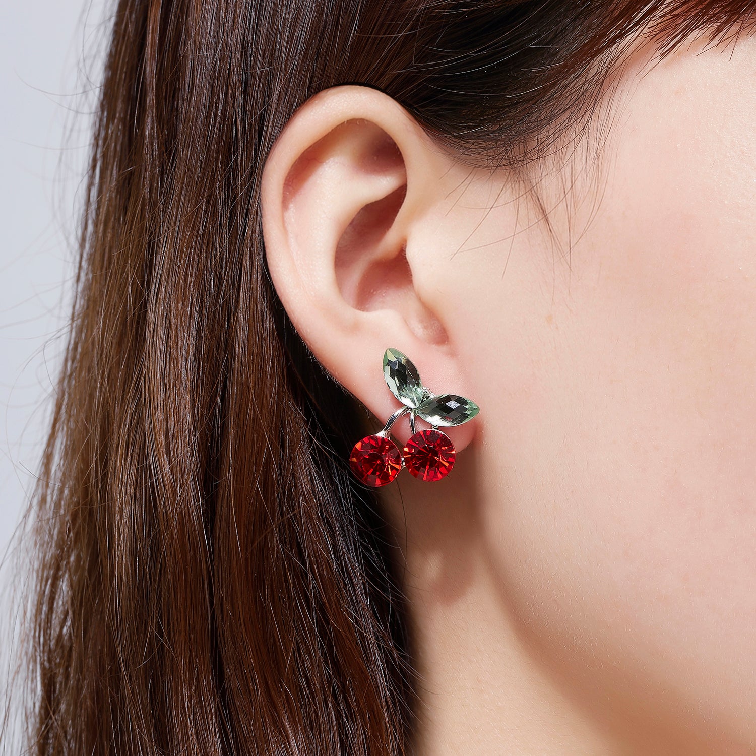 Kruckel New Year Earrings for Women Trendy Rhinestone Red Cherry Green Leaves Stud Earring Wedding Birthday Anniversary Valentine Gift Homecoming Jewelry with 925 Sterling Silver Post