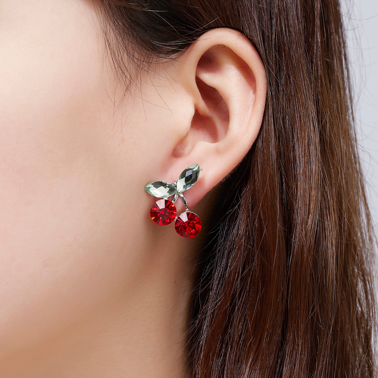 Kruckel New Year Earrings for Women Trendy Rhinestone Red Cherry Green Leaves Stud Earring Wedding Birthday Anniversary Valentine Gift Homecoming Jewelry with 925 Sterling Silver Post