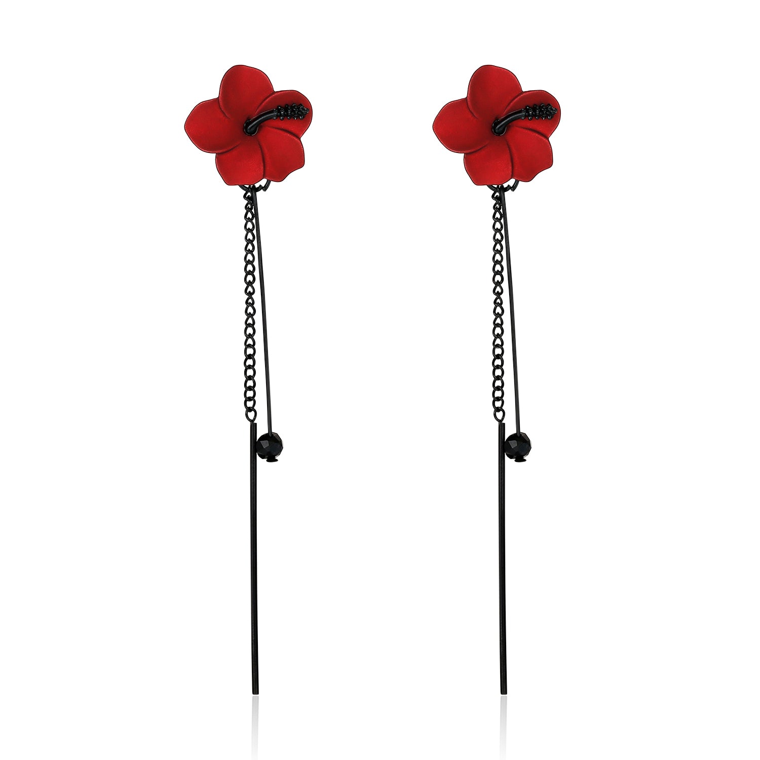 Kruckel New Year Earrings for Women Trendy Red Flower Black Dangle Earring Long Drop Stud Homecoming jewelry Wedding Bridal Birthday Retirement Valentine Gift for Woman with 925 Sterling Silver Post
