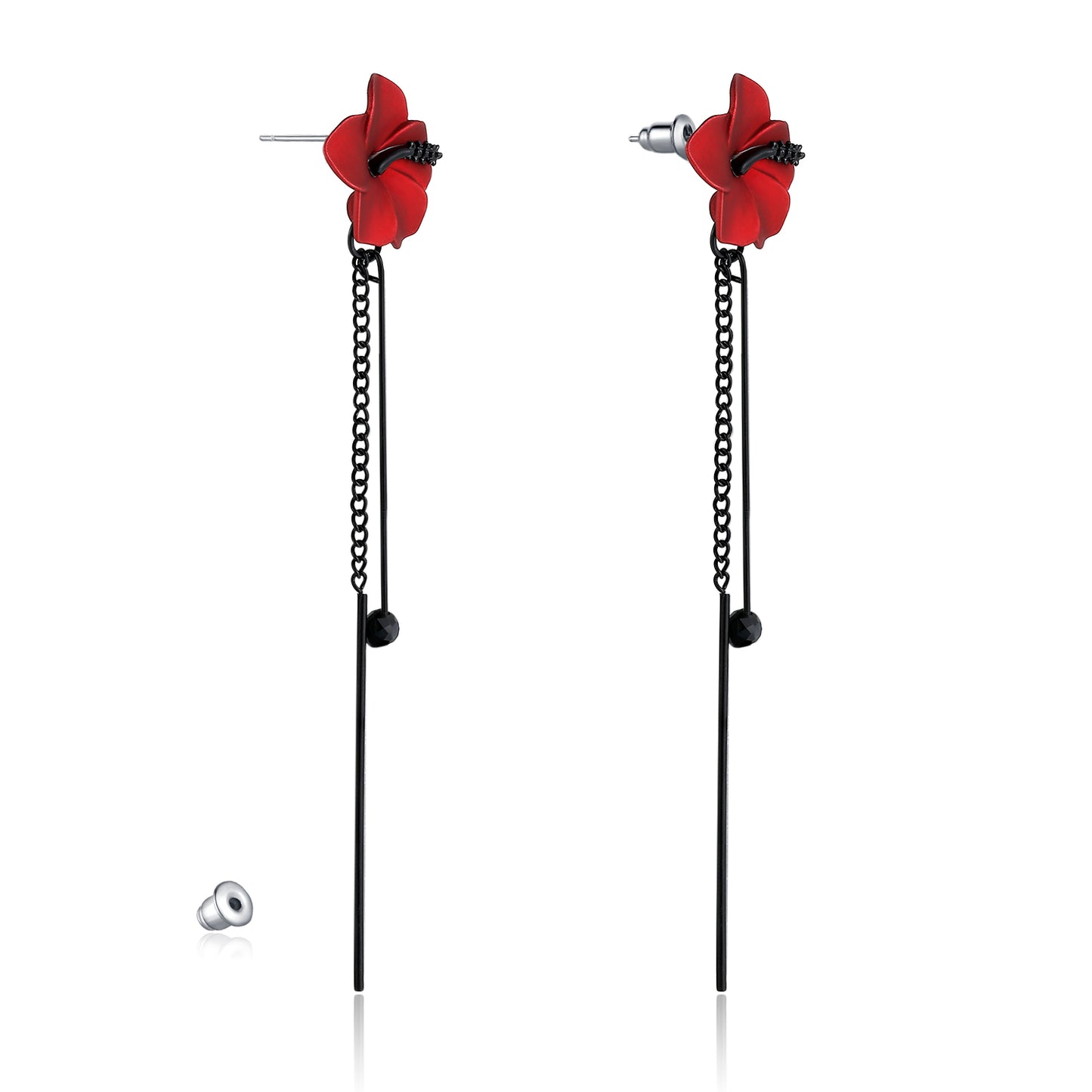 Kruckel New Year Earrings for Women Trendy Red Flower Black Dangle Earring Long Drop Stud Homecoming jewelry Wedding Bridal Birthday Retirement Valentine Gift for Woman with 925 Sterling Silver Post