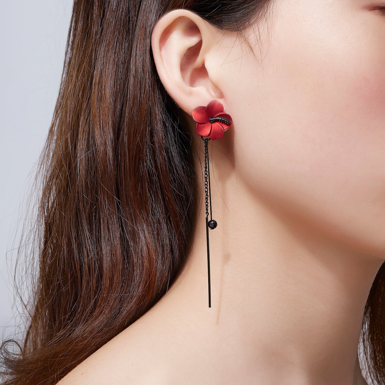 Kruckel New Year Earrings for Women Trendy Red Flower Black Dangle Earring Long Drop Stud Homecoming jewelry Wedding Bridal Birthday Retirement Valentine Gift for Woman with 925 Sterling Silver Post