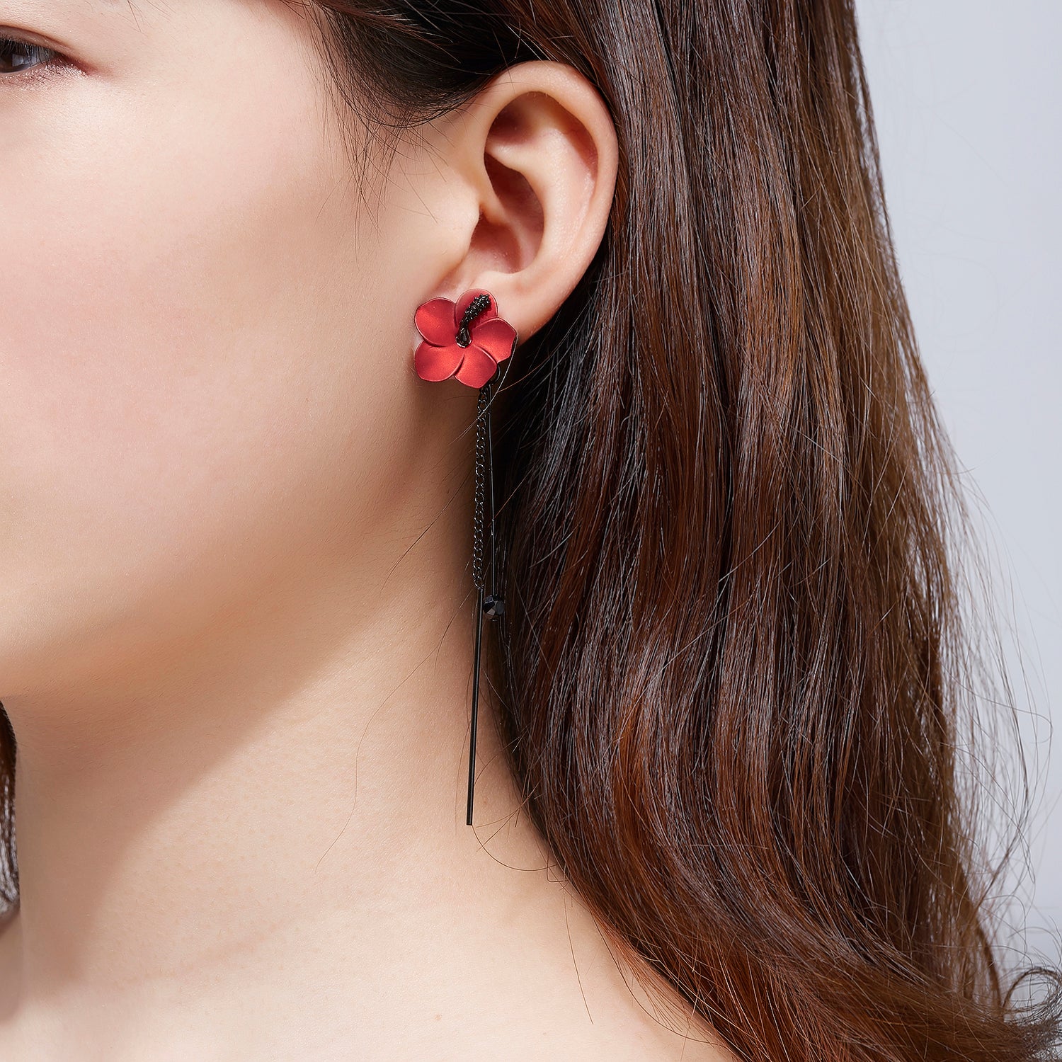 Kruckel New Year Earrings for Women Trendy Red Flower Black Dangle Earring Long Drop Stud Homecoming jewelry Wedding Bridal Birthday Retirement Valentine Gift for Woman with 925 Sterling Silver Post