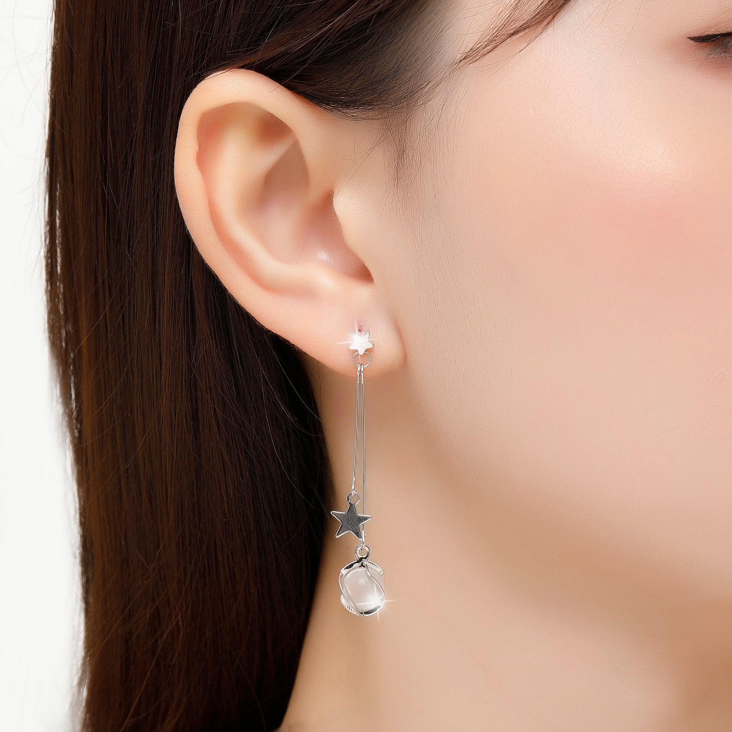 Kruckel Silver Earrings for Women, Trendy and Cute, 3" Moon and Star Dangling Design, I'm always be with you, Shine at New Year Ball Wedding Party, Great Birthday Gift