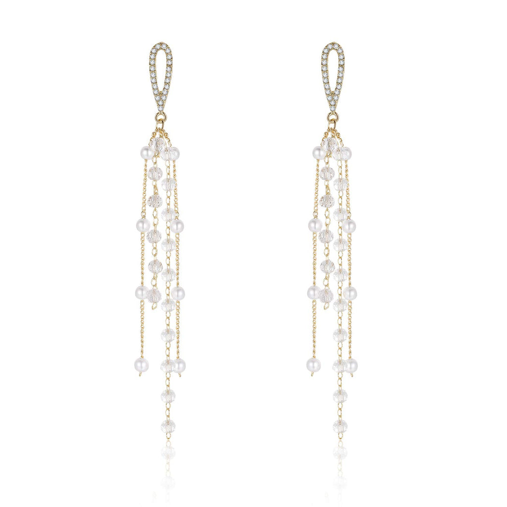 Kruckel Waterfall Earring - Spring-Inspired Dangle Women Jewelry, Golden Studs with Clear Sparkly Pearl Long Drops, Easy - Wear Fashion Design Accessory Packed with Durable Jewelry Box
