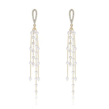Kruckel Waterfall Earring - Spring-Inspired Dangle Women Jewelry, Golden Studs with Clear Sparkly Pearl Long Drops, Easy - Wear Fashion Design Accessory Packed with Durable Jewelry Box
