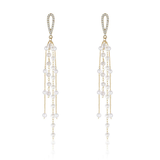 Kruckel Waterfall Earring - Spring-Inspired Dangle Women Jewelry, Golden Studs with Clear Sparkly Pearl Long Drops, Easy - Wear Fashion Design Accessory Packed with Durable Jewelry Box