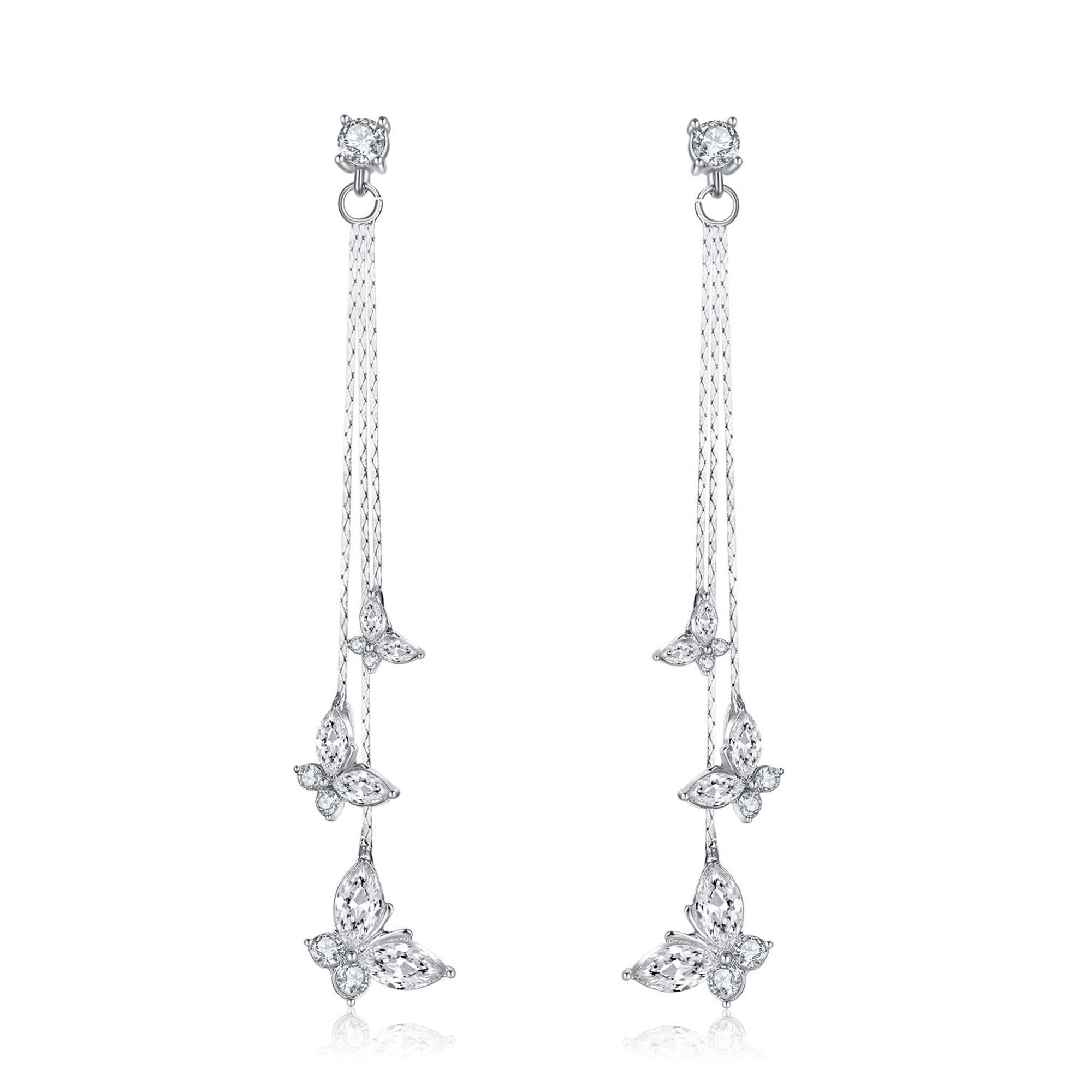 Kruckel Butterfly Earrings For Women Girls, Silver Hypoallergenic Long Drop Dangle Earrings, Fashion Statement Earrings, Swarovski Crystal Jewelry Gift for Her - White Gold Plated