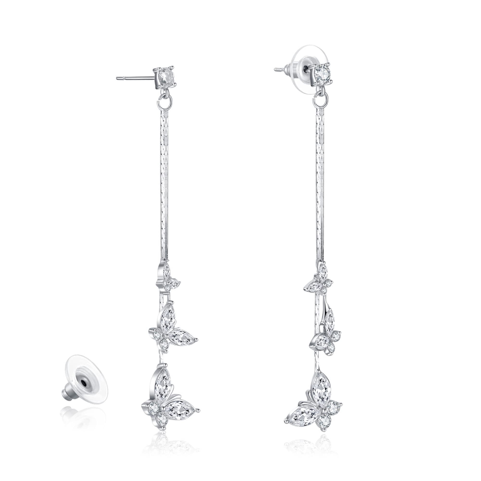 Kruckel Butterfly Dangle Earrings with Crystals (925 Sterling Silver) Includes Present Box – Hypoallergenic, Lightweight, Safe for Sensitive Skin