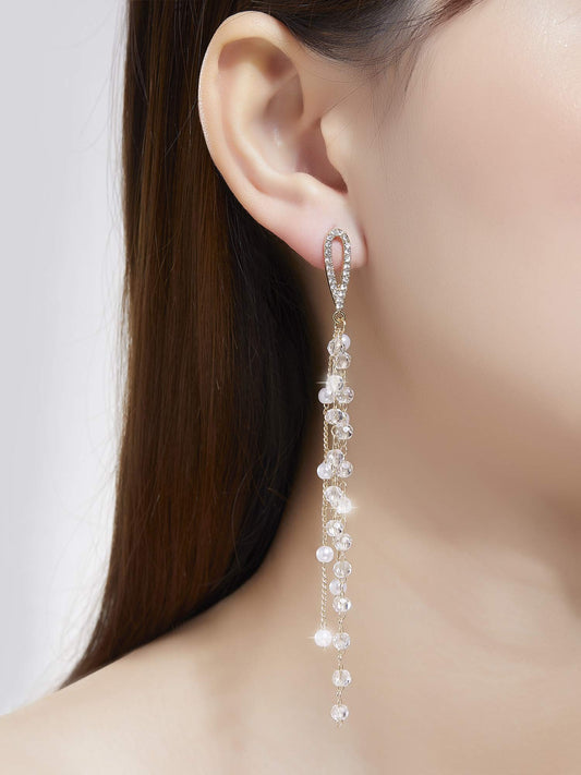 Kruckel Waterfall Earring - Spring-Inspired Dangle Women Jewelry, Golden Studs with Clear Sparkly Pearl Long Drops, Easy - Wear Fashion Design Accessory Packed with Durable Jewelry Box