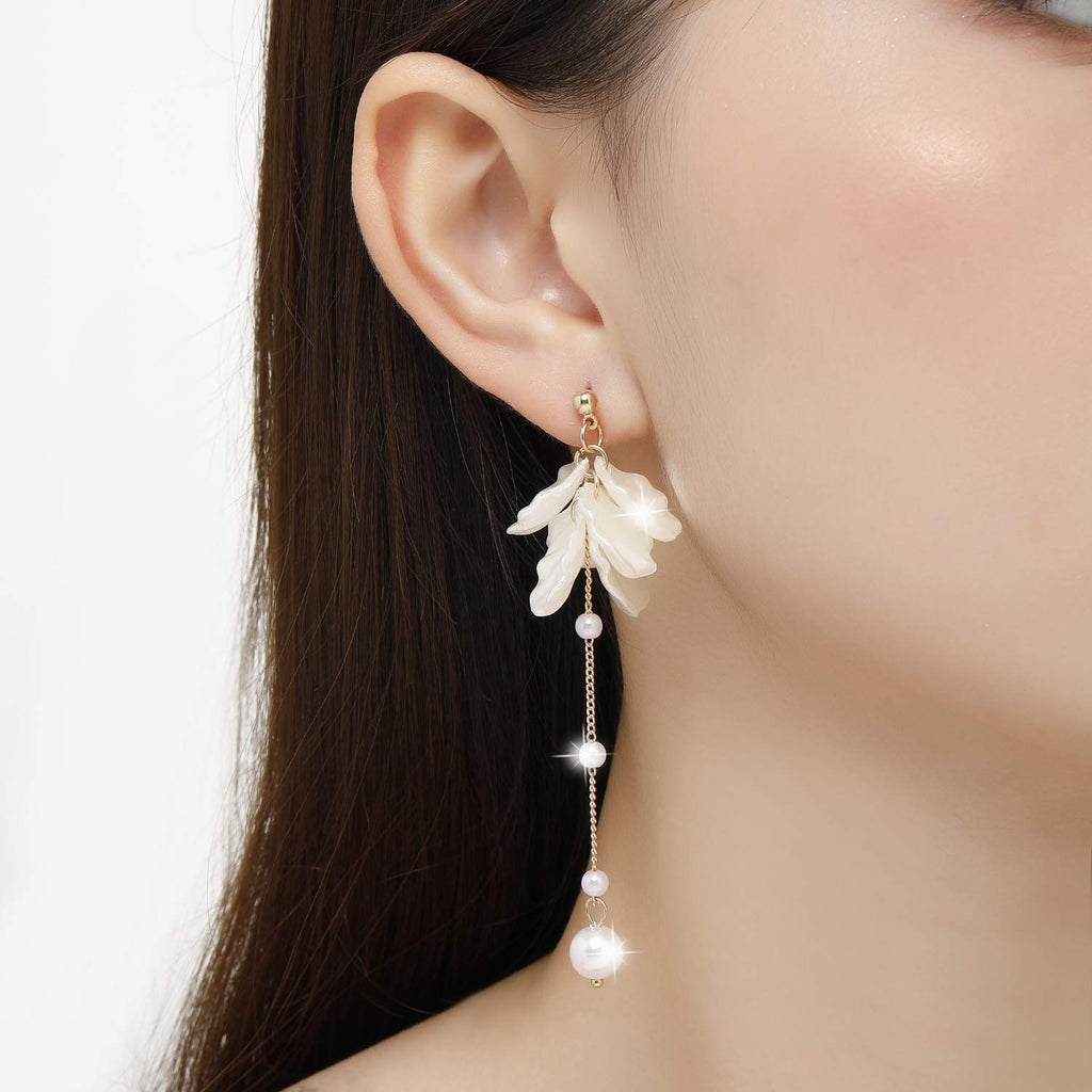 Kruckel Pearl Flower Long Drop Earrings in sterling silver with white pearl blossoms, lightweight hypoallergenic dangle earrings