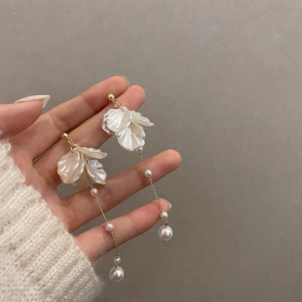 Kruckel Pearl Flower Long Drop Earrings in sterling silver with white pearl blossoms, lightweight hypoallergenic dangle earrings