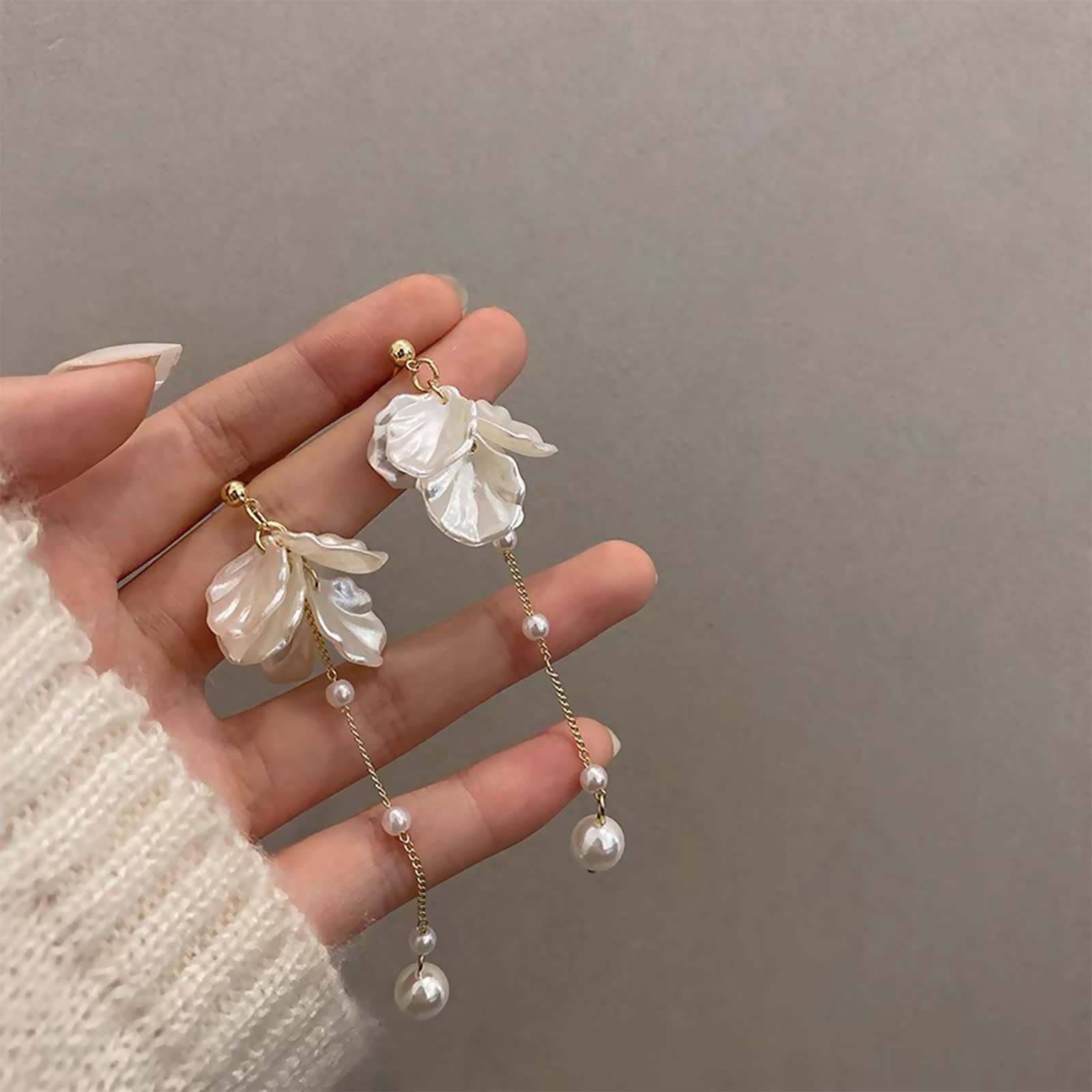 Kruckel Pearl Flower Long Drop Earrings in sterling silver with white pearl blossoms, lightweight hypoallergenic dangle earrings