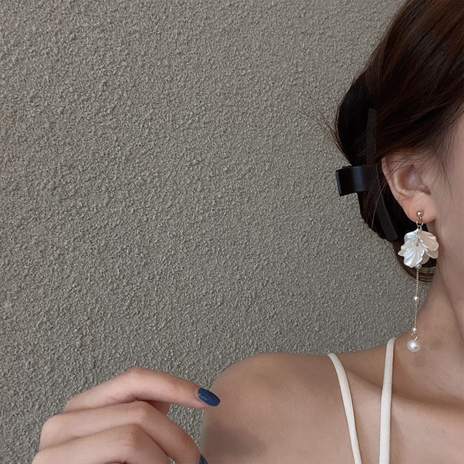 Kruckel Pearl Flower Long Drop Earrings in sterling silver with white pearl blossoms, lightweight hypoallergenic dangle earrings
