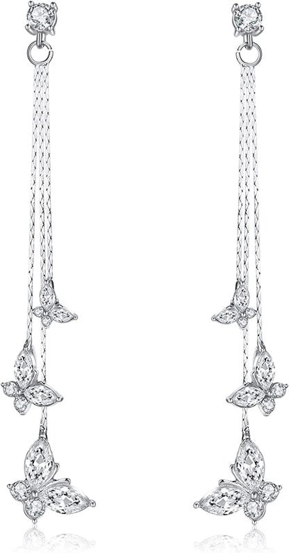 KRUCKEL Sparkling Butterfly Earrings for Women - Non-Sensitive Ears Dangling Drop Jewelry Gifts for Her - Sterling Swarovski Crystal Long Earrings With Gift Box for Teen Girls - White Gold Plated