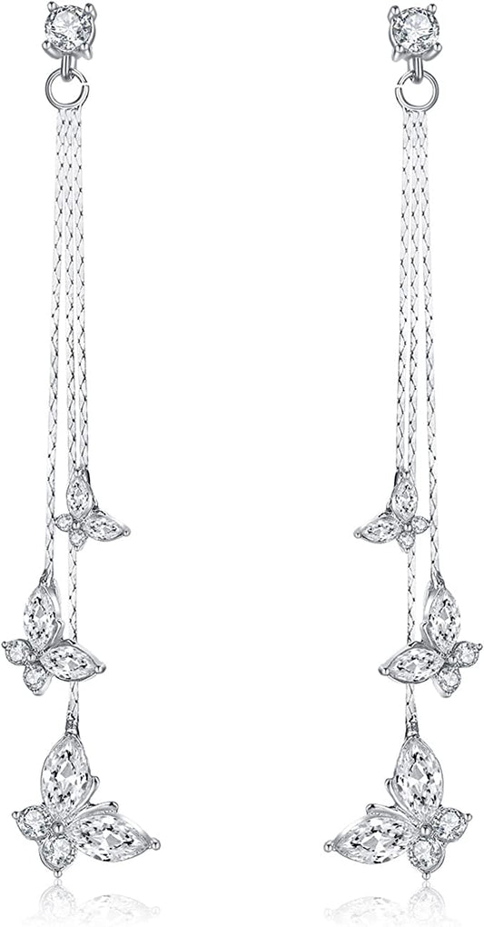 KRUCKEL Sparkling Butterfly Earrings for Women - Non-Sensitive Ears Dangling Drop Jewelry Gifts for Her - Sterling Swarovski Crystal Long Earrings With Gift Box for Teen Girls - White Gold Plated