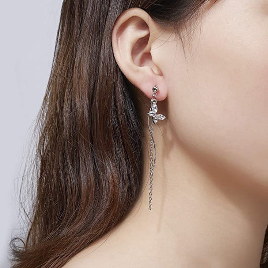 KRUCKEL Sparkling Butterfly Stud Pierced Drop Chain Earrings | Silver Dangle Piercing Earrings Jewelry for Women Teen Girls - 7029037