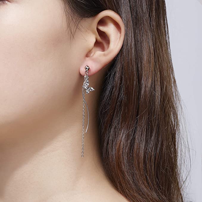 KRUCKEL Sparkling Butterfly Stud Pierced Drop Chain Earrings | Silver Dangle Piercing Earrings Jewelry for Women Teen Girls - 7029037