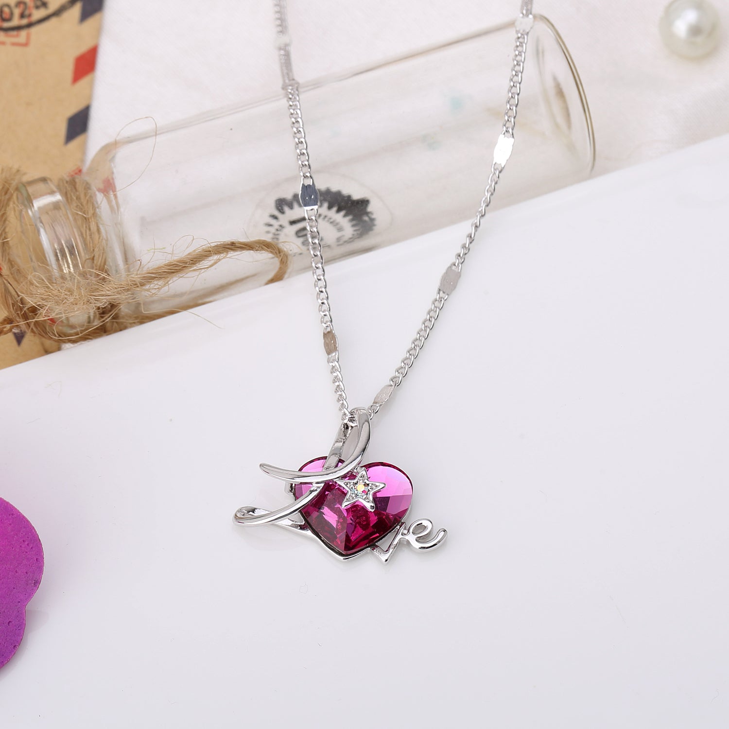 Pink Sterling Silver Cable Chain Necklace Heart Pendant Made with Swarovski  Crystals, 20